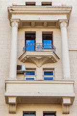 Moscow, Russia, August 27, 2019. Fragment of the facade of a typical building on Tverskaya Street