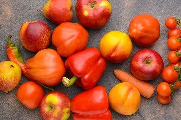 Many healthy vegetables and fruits on grey background
