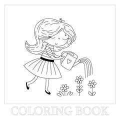 Hand drawn page for coloring book with cute little ballerina vector illustration. Cute little girl watering flowers. Vector doodle illustration for girlish designs.