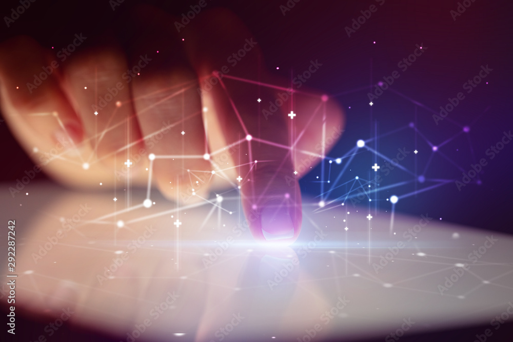 Poster finger touching tablet with global network concept and dark background