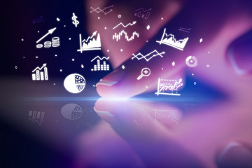 Finger touching tablet with business reports and charts concept