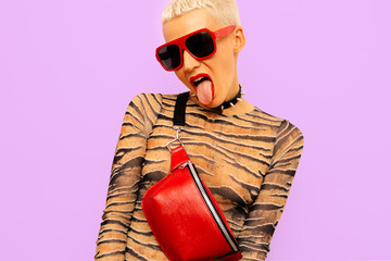 Fashion Swag Luxury Girl Stylish accessories. Clutch, sunglasses and choker. Red passion accent