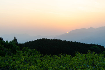 奈良の柿畑と山から昇る朝日