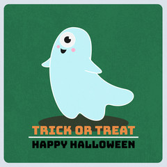 Happy halloween vector greeting card with cute ghost cartoon.