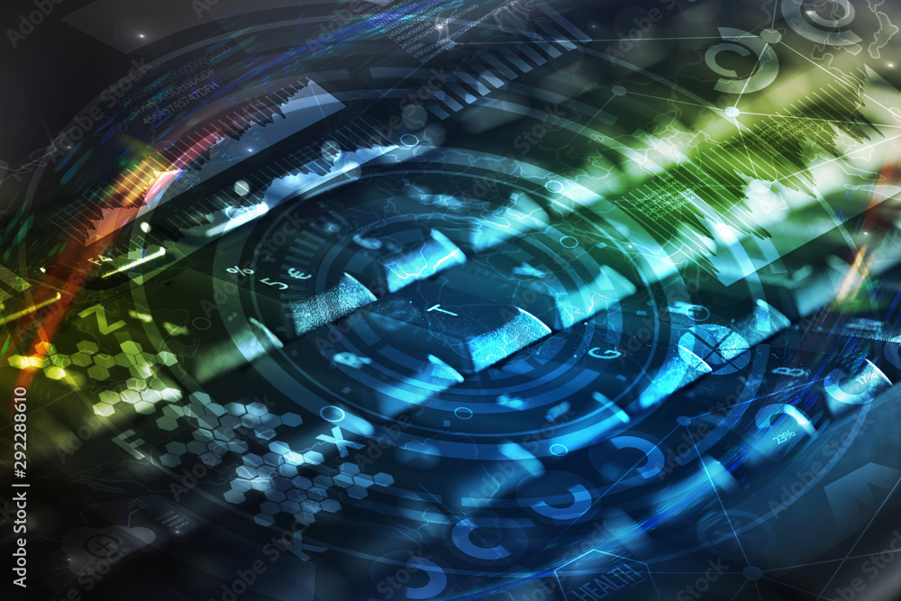 Poster close-up dark keyboard with cyber security concept