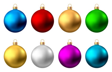 Realistic  red, gold, silver, blue, green,  purple  Christmas  balls.