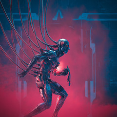 System failure imminent / 3D illustration of damaged futuristic metallic science fiction male humanoid cyborg seeking help © grandeduc