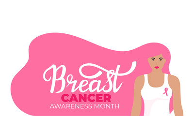 Young girl in a white t-shirt with a pink ribbon on her chest. National Breast Cancer Awareness Month banner