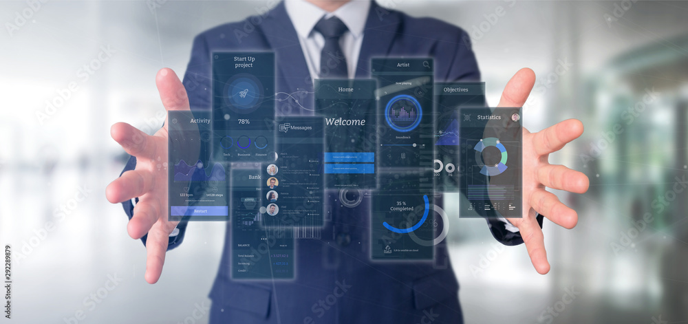 Poster businessman holding user interface screens with icon, stats and data 3d rendering