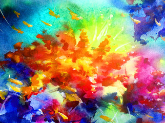 Naklejka na ściany i meble Watercolor abstract bright colorful textural background handmade . Painting of underwater world of coral reef. Modern sea scape