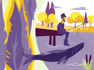 Fisherman or angler fishing on river or lake bank and forest landscape background.