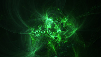 Abstract transparent green crystal shapes. Fantasy light background. Digital fractal art. 3d rendering.