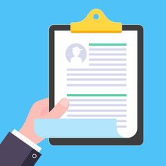 Hand hold clipboard document paper sheet with pesonal data flat style vector illustration with portfolio concept of interview job, qualification test evaluation, cv isolated on light blue background.