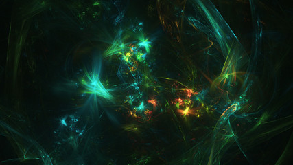 Abstract transparent green and golden crystal shapes. Fantasy light background. Digital fractal art. 3d rendering.