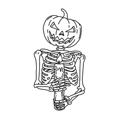 Halloween pumpkin in skeleton body holding big candle vector illustration sketch doodle hand drawn with black lines isolated on white background