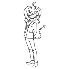 smiling Halloween pumpkin in tuxedo vector illustration sketch doodle hand drawn with black lines isolated on white background