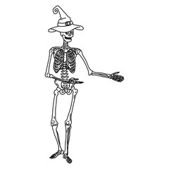 skeleton body with witch hat presenting something vector illustration sketch doodle hand drawn with black lines isolated on white background