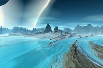 Alien Planet. Mountain and lake. 3D rendering