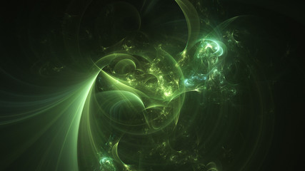 Abstract transparent green crystal shapes. Fantasy light background. Digital fractal art. 3d rendering.