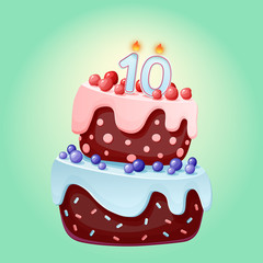 Cute cartoon 10 year birthday festive cake with candle number ten. Chocolate biscuit with berries, cherries and blueberries. For parties, anniversaries