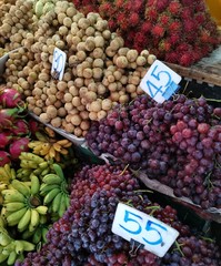 Fruits with prices at market stall, Thailand