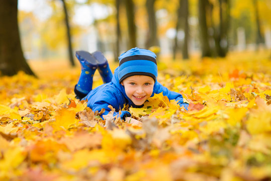 boy in blue jacket and hat raking an armful of yellow maple leaves in an autumn park