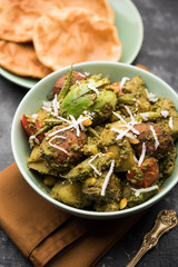 Undhiyu is a Gujarati mixed vegetable dish, specialty of Surat, India. Served in a bowl with or without poori