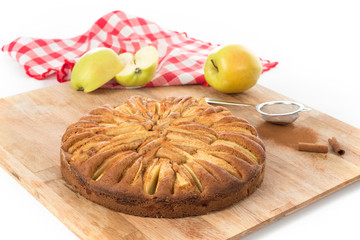 Apple pie on table on white background