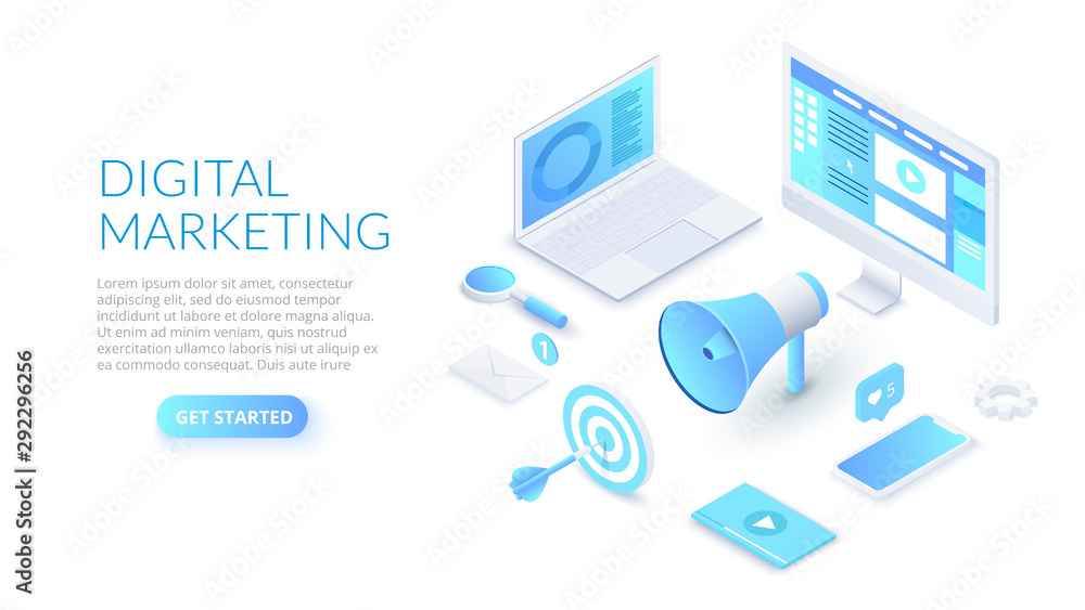 Poster Digital marketing design concept with computer, hand speaker and smartphone. Isometric vector illustration. Landing page template for web.