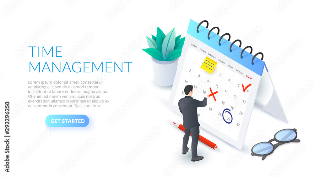 Aufkleber Planning schedule concept with characters. Isometric vector illustration on a dark blue backgound. Landing page template for web