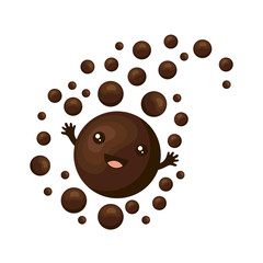 Kawaii chocolate in vector. A round black chocolate ball smiles and waves. Cute children s cartoon character. Milk chocolate. Isolated object