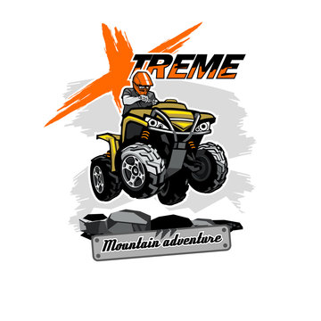 Quad bike ATV logo with Xtreme Mountain Adventure inscription, isolated background.
