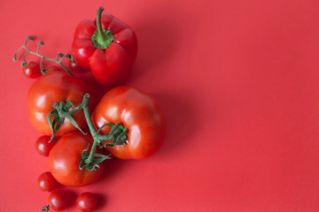 Flat lay composition with red fresh ripe tomatoes on red background