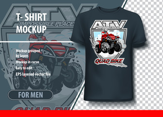T-shirt mock-up template with ATV impossible places. Editable vector layout.