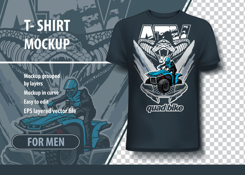 T-shirt mock-up template with Snake and quadbike. Editable vector layout.