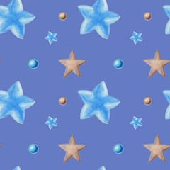 Watercolor seamless pattern with cute stars and decor. Christmas seamless pattern for cards, wrapping paper, invitations and other purposes.