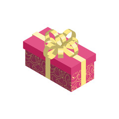 Gift box icon with red pattern wrapping and golden bow isolated on white background. Isometric vector illustration.