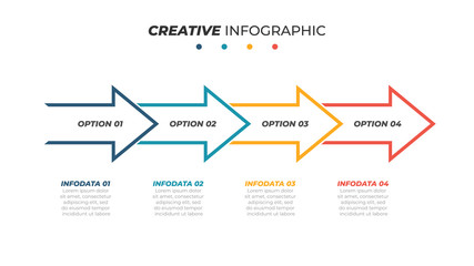 Business process. Timeline concept with 4 options, steps, arrows. Vector linear infographic element.