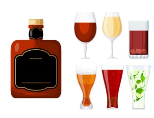 Bottle and a set of glass glasses of various shapes with alcohol on a white background. Collection of alcoholic drinks in a cartoon style. Vector illustration