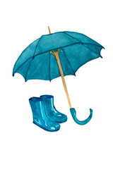 Watercolor hand-drawn umbrella and gumboots in neon turquoise color. - 292299246