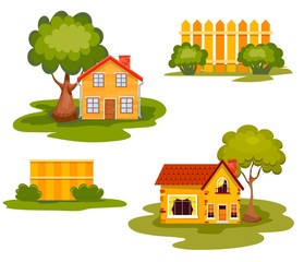 Set of small rural houses with fences and trees on a white background. Vector illustration