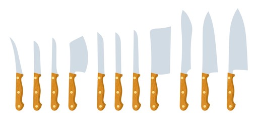 Knives on a white background. Set of flat icons of cook knives of various sizes and shapes. Vector illustration
