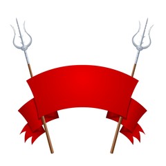 Two fantastic tridents with a red banner on a white background. Vector illustration of a cold fairy weapon with a red ribbon