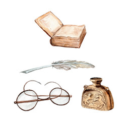 watercolor drawings: ancient book, pen, inkwell, glasses, manuscript