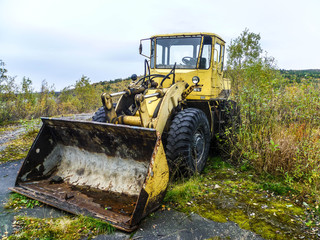 Fototapeta premium Someone forgotten a yellow tractor in the autumn forest.