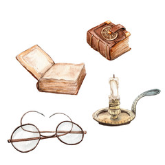 watercolor drawings: an ancient book, glasses, a candle in a candlestick