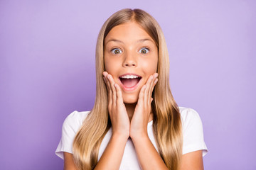 Omg Unbelievable bargain. Close up photo of positive cheerful kid hear incredible news about sales...
