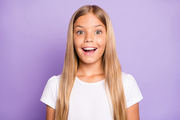 Portrait of amazed excited model kid hear listen wonderful news about sales discounts scream wow...