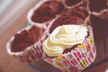 Close up frosting and wtite icing chocolate cupcakes process.