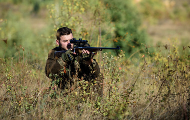 Hunting permit. Hunter hold rifle. Hunting is brutal masculine hobby. Hunting and trapping seasons....